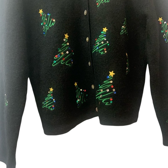Vintage 80’s Wool Christmas Tree Embellished Black Cardigan Sweater Large - Picture 5 of 9